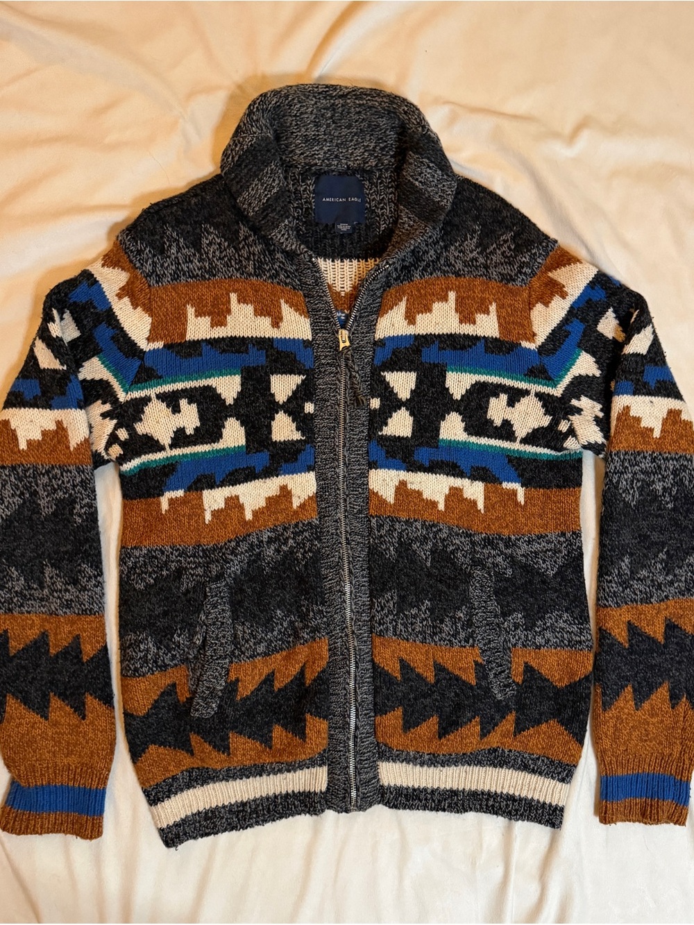 American Eagle Men’s M Southwestern Aztec Full Zip Cardigan Sweater Wool Blend